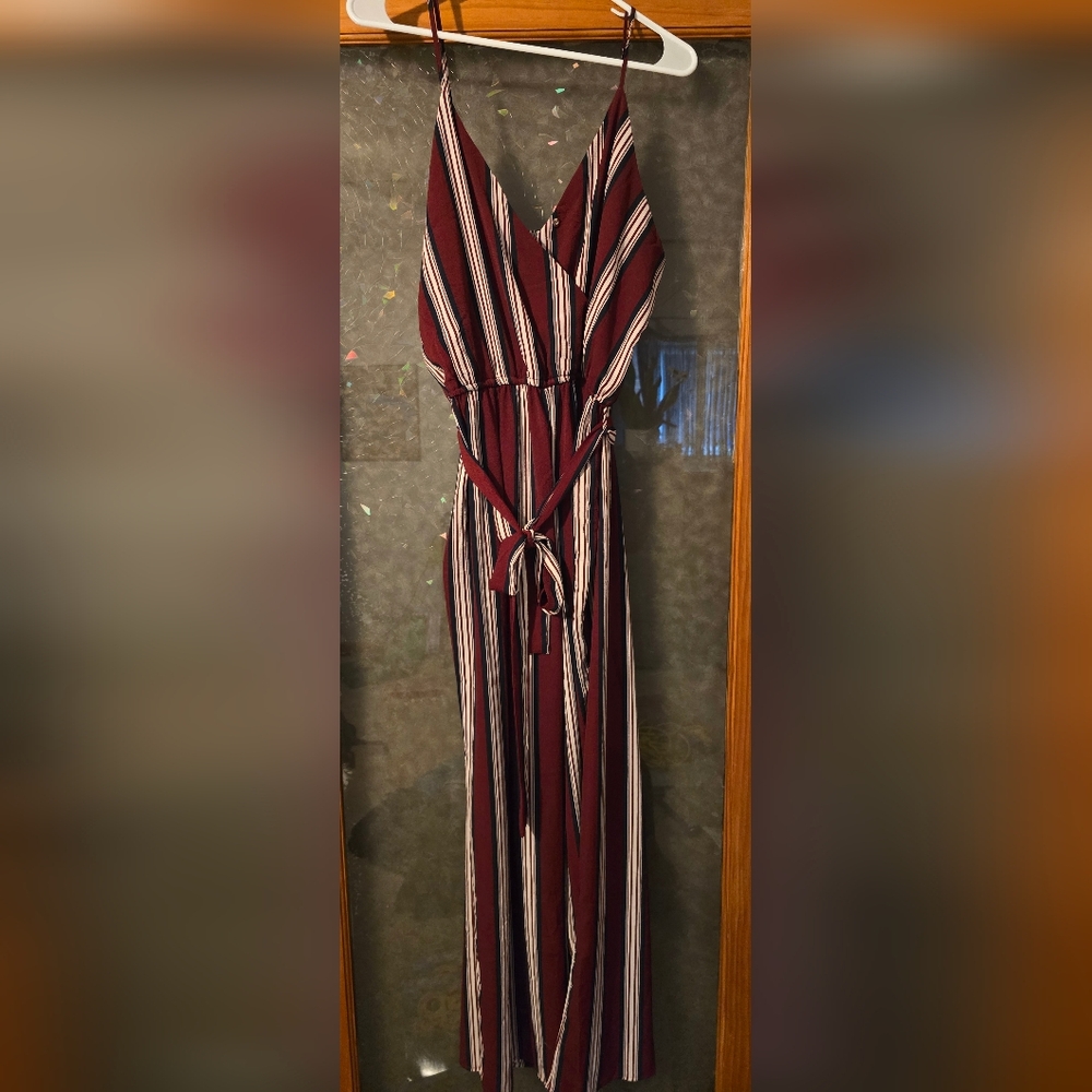 Striped Burgundy Tie-Waist Maxi Dress